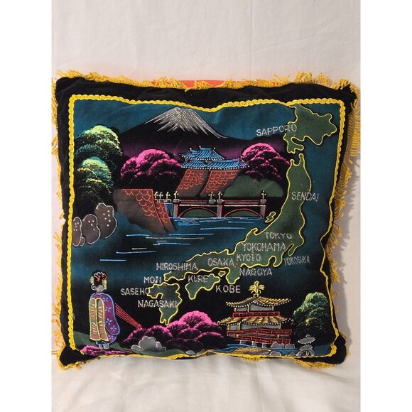 VTG Velvet Japanese Souvenir Pillow With Fringe Map Retro 70's Bohemian - Picture 1 of 9